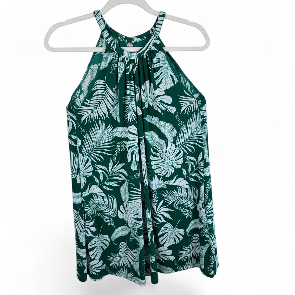 Tahari‎ Womens Green White Tropical Palm Leaf Halter Neck Sleeveless Dress Small